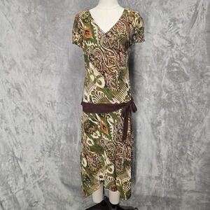 Believe Women10 Green Paisley Drop Waist Midi Dress Flutter Gobincore Retro Boho